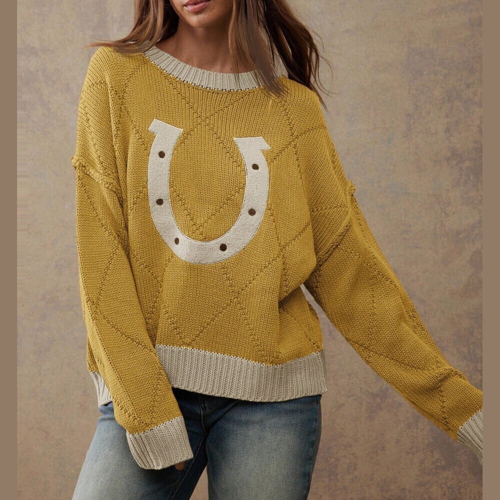 Mustard Yellow Horseshoe Applique Contrast Trim Drop Shoulder Sweater